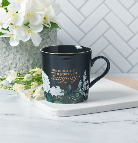 Strength and Dignity Black Floral Ceramic Coffee Mug - Proverbs 31:25