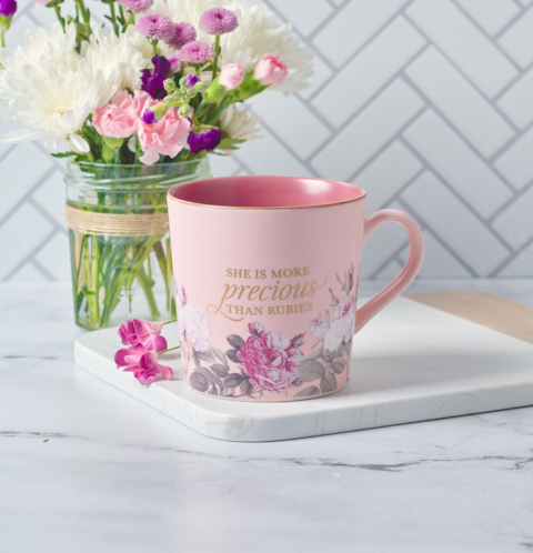 More Precious than Rubies Pink Floral Ceramic Coffee Mug - Proverbs 31:10