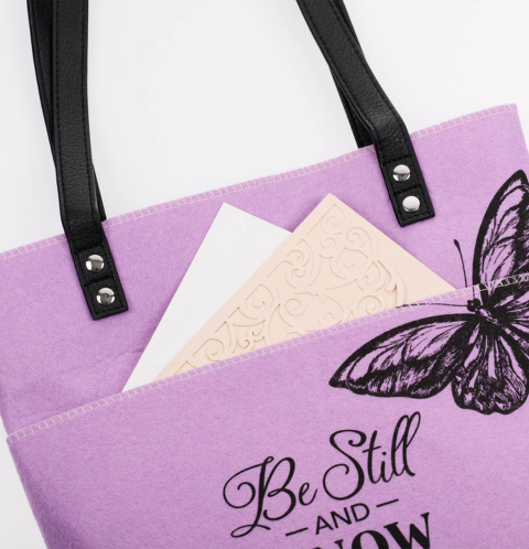 Be Still and Know Purple Butterfly Fashion Felt Bible Tote Bag - Psalm 46:10