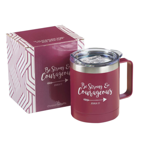 Be Strong & Courageous Very Berry Camp Style Stainless Steel Mug - Joshua 1:9