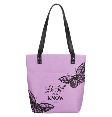 Be Still and Know Purple Butterfly Fashion Felt Bible Tote Bag - Psalm 46:10