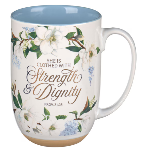 Strength and Dignity Blush Magnolia Ceramic Coffee Mug - Proverbs 31:25