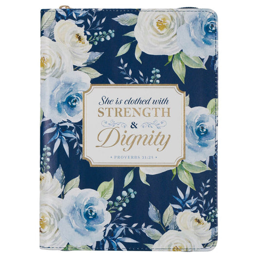 Strength and Dignity Indigo Rose Faux Leather Journal with Zipper Closure - Proverbs 31:25