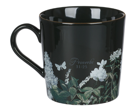 Strength and Dignity Black Floral Ceramic Coffee Mug Proverbs 31:25