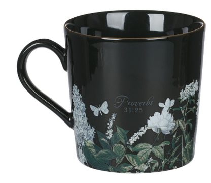 Strength and Dignity Black Floral Ceramic Coffee Mug Proverbs 31:25
