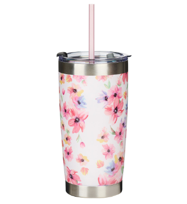 Pink Cosmos Stainless Steel Travel Mug with Reusable Straw