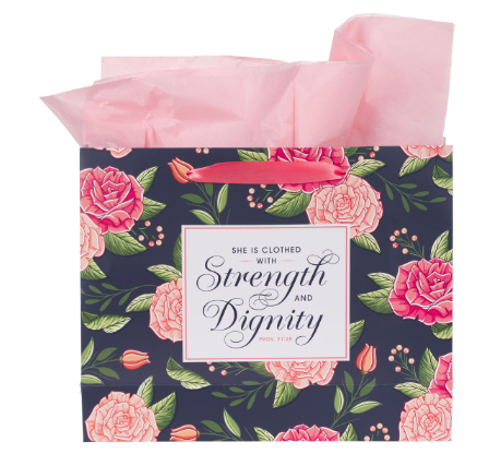 Strength and Dignity Pink Rose Large Landscape Gift Bag with Card Set 