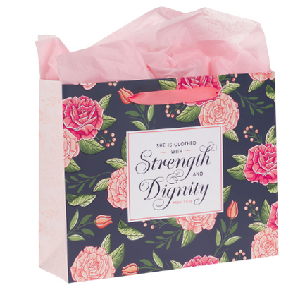 Strength and Dignity Pink Rose Large Landscape Gift Bag with Card Set 