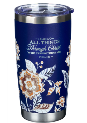 I Can Do All Things Through Christ Honey-brown and Navy Floral Stainless Steel Travel Tumbler - Philippians 4:13