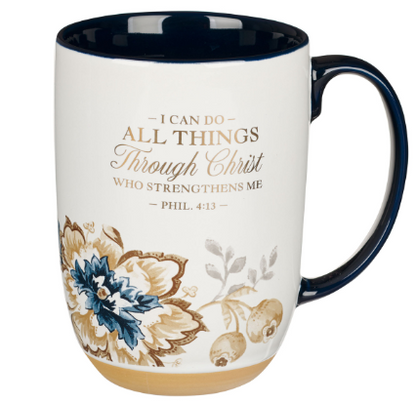 I Can Do All Things Honey-brown and Blue Ceramic Mug with Exposed Clay Base - Philippians 4:13