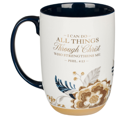 I Can Do All Things Honey-brown and Blue Ceramic Mug with Exposed Clay Base - Philippians 4:13