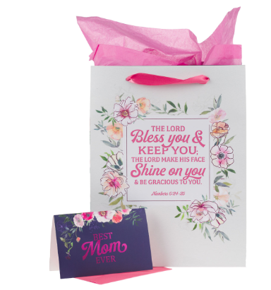 Bless You and Keep You Pink Floral Large Portrait Gift Bag with Card Set - Numbers 6:24-25