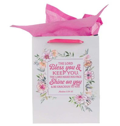 Bless You and Keep You Pink Floral Large Portrait Gift Bag with Card Set - Numbers 6:24-25