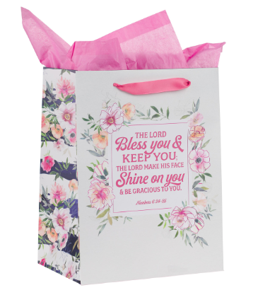 Bless You and Keep You Pink Floral Large Portrait Gift Bag with Card Set - Numbers 6:24-25