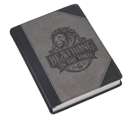 Be Strong in the Lord Black and Gray Lion Faux Leather Journal - Ephesians 6:10