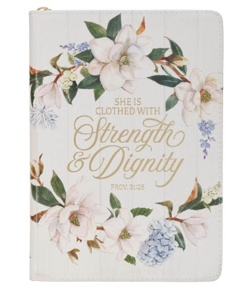 Strength and Dignity Blush Magnolia Faux Leather Journal - Proverbs 31:25