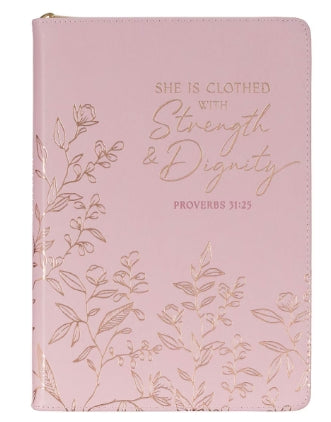 Strength and Dignity Pink Faux Leather Journal with Zippered Closure - Proverbs 31:25