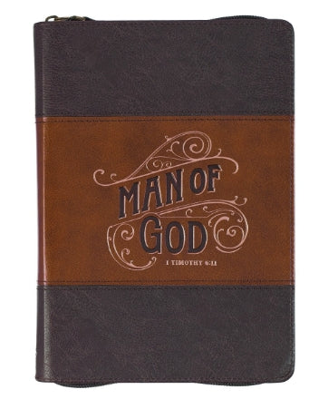 Man of God Honey-brown and Espresso Faux Leather Journal with Zipper Closure - 1 Timothy 6:11