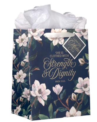 Strength and Dignity Blush Magnolia Large Portrait Gift Bag - Proverbs 31:25