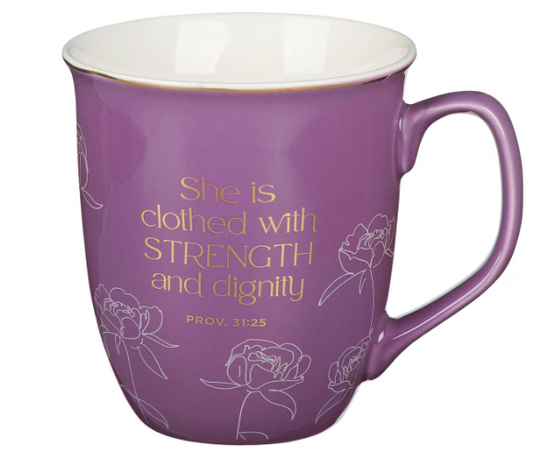 Strength and Dignity Plum Bloom Ceramic Coffee Mug - Proverbs 31:25