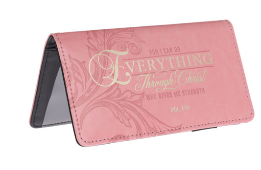 Through Christ Fluted Iris Pink Faux Leather Checkbook Wallet - Philippians 4:13