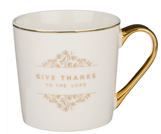 Give Thanks to the LORD White and Gold Ceramic Coffee Mug - Psalm 106:1