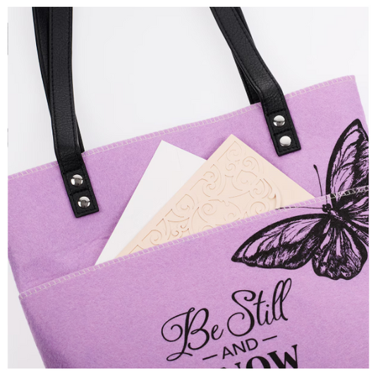 Be Still and Know Purple Butterfly Fashion Felt Bible Tote Bag - Psalm 46:10