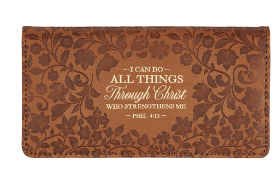 All Things Honey-brown Faux Leather Checkbook Wallet - Philippians 4:13