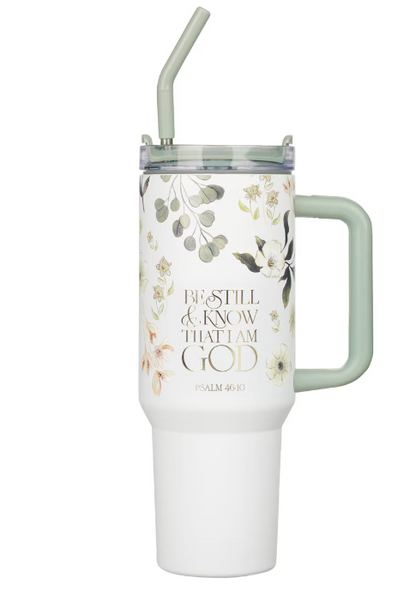 Be Still Teal Meadow 40 Oz Tumbler with Reusable Straw - Psalm 46:10