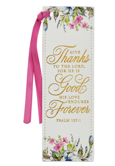 Give Thanks White Floral Faux Leather Bookmark - Psalm 107:1