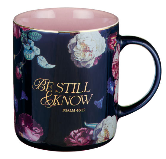 Be Still and Know Midnight Blue Floral Ceramic Mug - Psalm 46:10