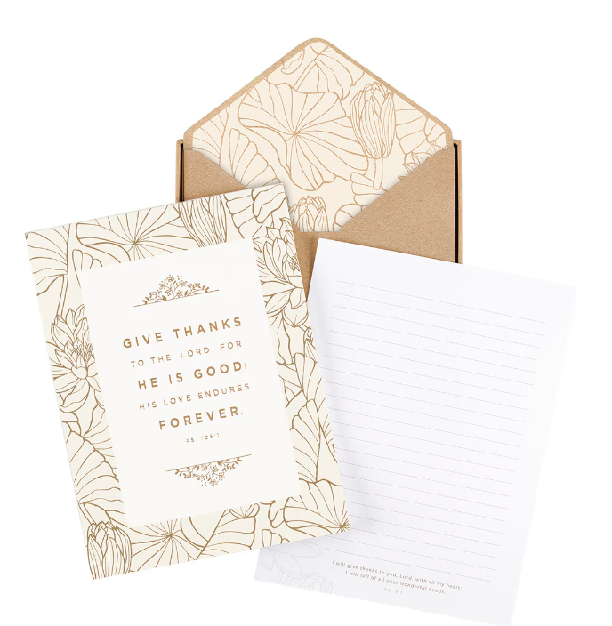 Give Thanks White and Gold Writing Paper and Envelope Set - Psalm 106:1