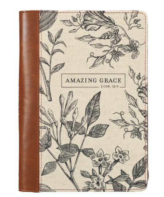 Amazing Grace Natural Canvas and Honey-brown Faux Leather Journal with Zipper Closure - 2 Corinthians 12:9