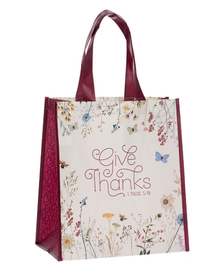 Give Thanks Topsy-Turvy Wildflower Non-Woven Coated Tote Bag - 1 Thessalonians 5:18