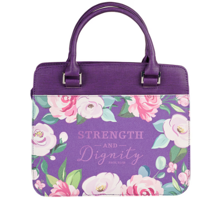 Strength and Dignity Purple Floral Purse-style Bible Cover - Proverbs 31:25