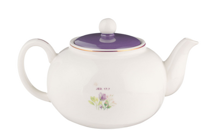 Blessed Purple Floral Ceramic Teapot - Jeremiah 17:7