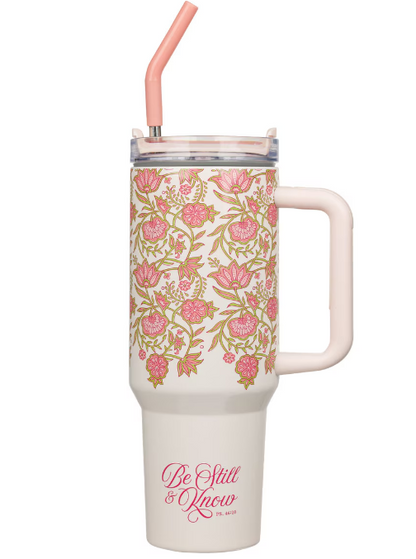 Be Still and Know Pink Spring Floral 40 Oz Tumbler with Reusable Straw - Psalm 46:10