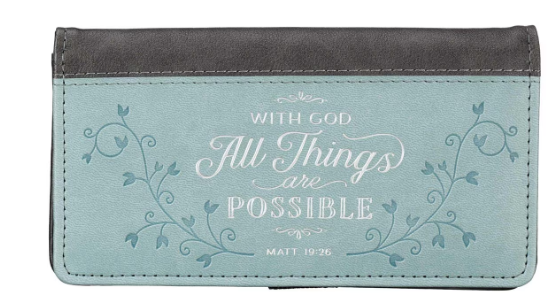 All Things Are Possible Two-tone Gray and Blue Faux Leather Checkbook Cover -Matthew 19:26