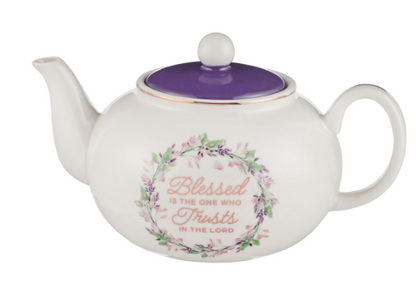 Blessed Purple Floral Ceramic Teapot - Jeremiah 17:7