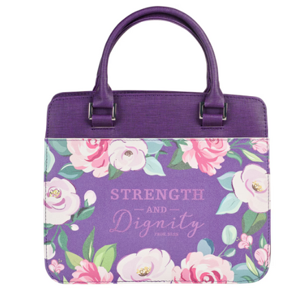 Strength and Dignity Purple Floral Purse-style Bible Cover - Proverbs 31:25