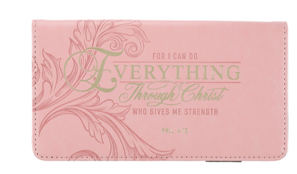 Through Christ Fluted Iris Pink Faux Leather Checkbook Wallet - Philippians 4:13