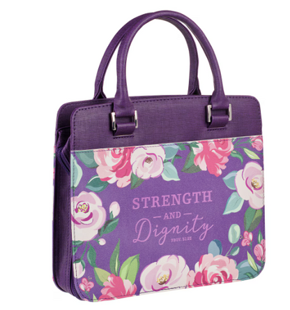 Strength and Dignity Purple Floral Purse-style Bible Cover - Proverbs 31:25